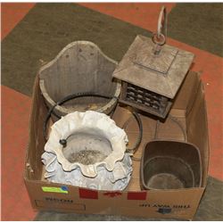 LARGE BOX OF DECORATIVE GARDEN POTS -HALF BARREL
