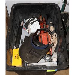 TOTE WITH CONTENTS INCLUDING; TILE SAW, CAR JACK