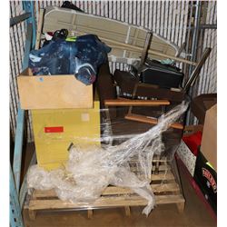 PALLET OF HOUSEHOLD  MISC INCL IRON BOARD,