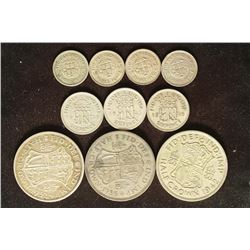 LOT OF 10-GREAT BRITAIN 50% SILVER COINS CONTAINS: