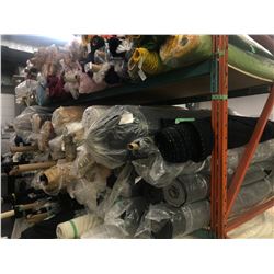 SHELF LOT OF ASSORTED BOLTS OF FABRIC, VARIOUS SIZES, QUANTITIES, MATERIALS, COLOURS ETC.