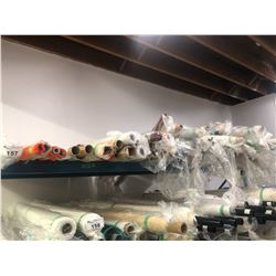 SHELF LOT OF ASSORTED BOLTS OF FABRIC, VARIOUS SIZES, QUANTITIES, MATERIALS, COLOURS ETC.