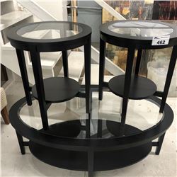 3 PIECE GLASS/MAHOGANY COFFEE TABLE SET