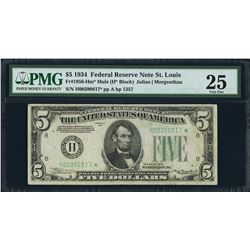 1934 $5 St Louis Federal Reserve STAR Note Dark Green Seal PMG 25