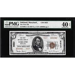 1929 $5 First NB of Oakland, MD CH# 5623 National Note PMG Extremely Fine 40EPQ