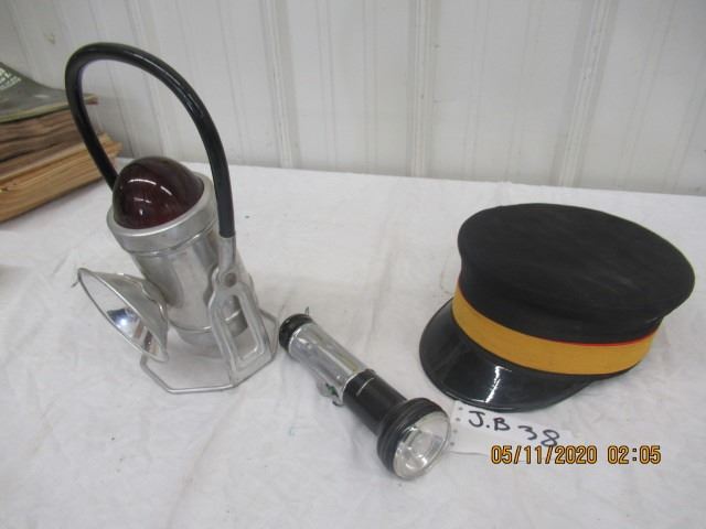 3 Items - Conductor's Hat, Railway Lantern , Flashlight- Vintage