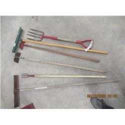 Patio Fork, 2 Rakes, Edger, Scuffler, Hoe