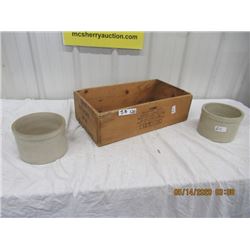 2 Butter Crocks, Blasting Cap Crate-Vintage
