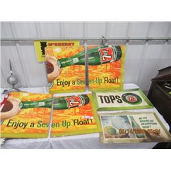 7 Up Cardboard Signs 2) 13" x 22" 1) 20" x 17" Vintage