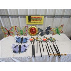 11 Items- 7 Metal Yard Decor Pcs, 4 Wind Chimes