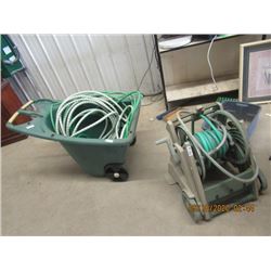 4 Yard Items - Poly Yard Cart, 3 Hoses, and Hose Mobile