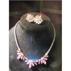 Signed Pink Sherman Clip on Earring & Necklace Set - Vintage