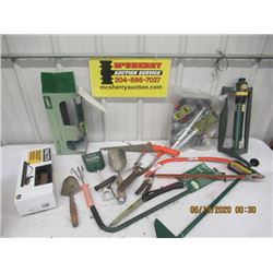 15 Items- Flower Bed Tools, Hedgers, Pruners Buck Saw , Sprinklers & More