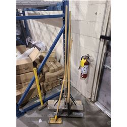 ASSORTED BROOMS, CONCRETE PLACER, AND SLEDGE HAMMER