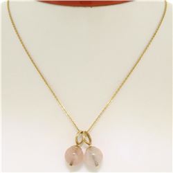 14K Yellow Gold Double 10mm Pink Rose Quartz Bead Pendant & 16  Cable Link Chain