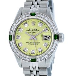 Rolex Ladies Stainless Steel Yellow Diamond & Emerald Datejust Wristwatch