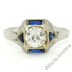 Antique Art Deco 18kt White Gold 0.65 ctw European Diamond and Sapphire Ring