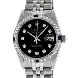 Rolex Mens Stainless Steel Black Diamond & Sapphire Datejust Wristwatch