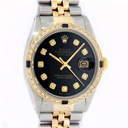 Rolex Mens 2 Tone 14K Black Diamond 36MM Datejust Wriswatch