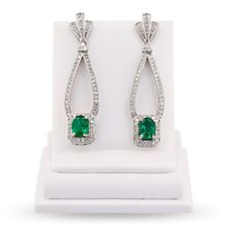 1.87 ctw Emerald and 1.34 ctw Diamond Platinum Earrings