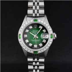 Rolex Ladies Stainless Steel 26MM Green Vignette Diamond Datejust Wriswatch