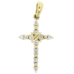 14k Two Tone Gold .20 ctw Prong Set Round Brilliant Diamond Petite Cross Pendant