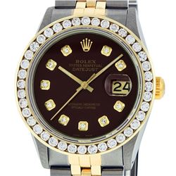 Rolex Mens 2 Tone Maroon VS 3 ctw Channel Set Diamond Datejust Wristwatch