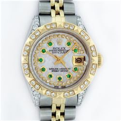 Rolex Ladies 2 Tone 14K MOP Emerald & Pyramid Diamond Diamond Datejust Wriswatch