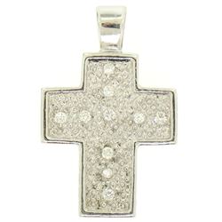 14K White Gold Petite .20 ctw Round Pave Set Diamond Textured Cross Pendant 2.43