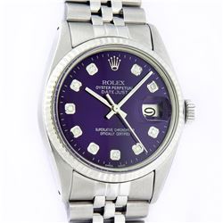 Rolex Mens Stainless Steel Purple Diamond 36MM Datejust Wristwatch With Rolex Bo