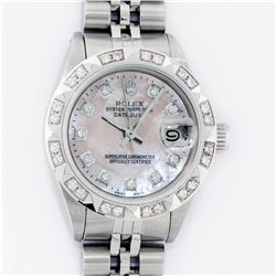 Rolex Ladies Stainless Steel Pink MOP Pyramid Diamond Datejust Wristwatch