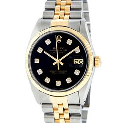 Rolex Mens 2 Tone 14K Black Diamond 36MM Datejust Wristwatch