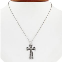 14K White Gold 0.33 ctw Single Cut White & Black Diamond Cross Pendant w/ Chain