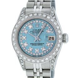 Rolex Ladies Stainless Steel Quickset Sky Blue Diamond Lugs Jubilee Datejust Wri