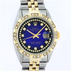 Rolex Mens 2 Tone 14K Blue Vignette String Pyramid Diamond Datejust Wristwatch