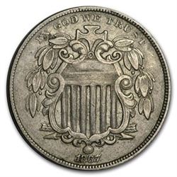 RARE - 1867 Shield Nickel w/Rays XF