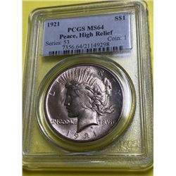 1921 MS 64 PCGS Peace Dollar Hi Relief