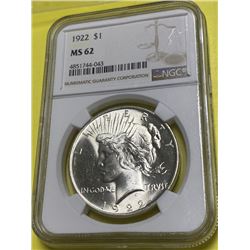 1922 MS 62 NGC Peace Silver Dollar