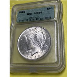 1922 MS 64 ICG Peace Silver Dollar