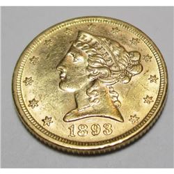 1893 BU MINT LUSTER $5 Gold Liberty