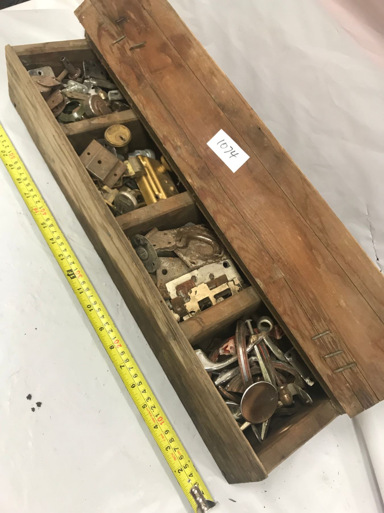 Vintage Shop Wooden Toolbox full of Hinges, Handles, Locks, etc