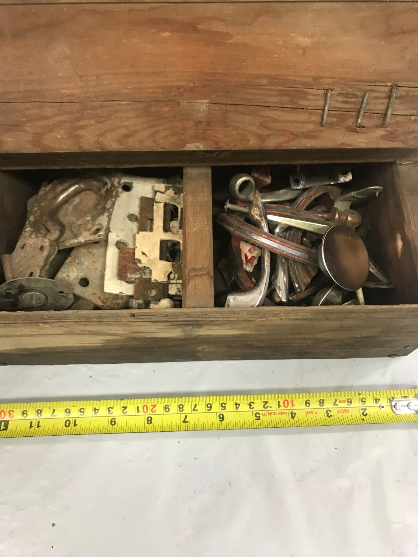 Vintage Shop Wooden Toolbox full of Hinges, Handles, Locks, etc