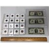 Image 1 : Page of USA Lincoln Pennies 1930-1959 and Two USA One Dollar Bills and One USA Two Dollar Bill