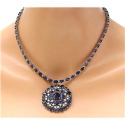 49.88 CTW Natural Sapphire 18K Solid White Gold Diamond Necklace