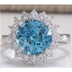 5.72 CTW Natural Zircon And Diamond Ring 18K Solid White Gold