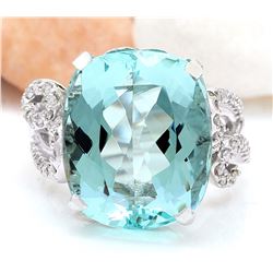 14.89 CTW Natural Aquamarine 18K Solid White Gold Diamond Ring