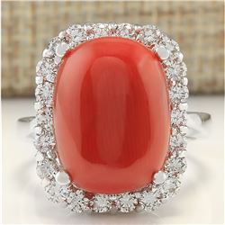 12.14 CTW Natural Coral And Diamond Ring In 18K White Gold