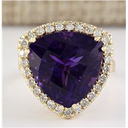 12.65 CTW Natural Amethyst And Diamond Ring In 14k Solid Yellow Gold