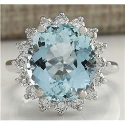 8.94 CTW Natural Aquamarine And Diamond Ring In 18K Solid White Gold