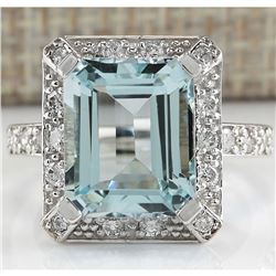 5.83 CTW Natural Blue Aquamarine Diamond Ring 18K Solid White Gold